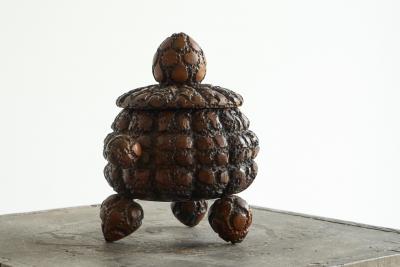 Antique Folk Art Lidded Pot in Carved Wood Early 20th Century