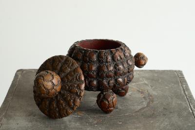 Antique Folk Art Lidded Pot in Carved Wood Early 20th Century