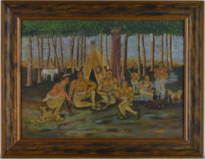 Antique Folk Art Painting of Indians in Forest