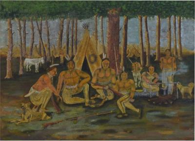 Antique Folk Art Painting of Indians in Forest
