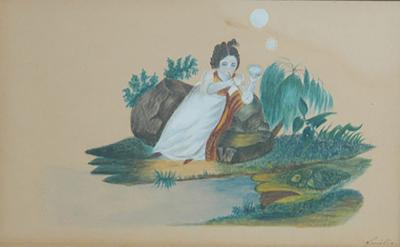 Antique Folk Art Schoolgirl Genre Watercolor of Girl Blowing Bubbles
