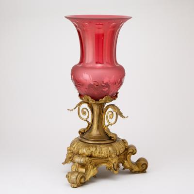Antique Footed Gilt Bronze Hand Etched Cranberry Table lamp