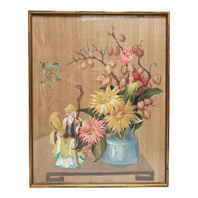Antique Framed Chinoiserie Still Life Painting on Silk