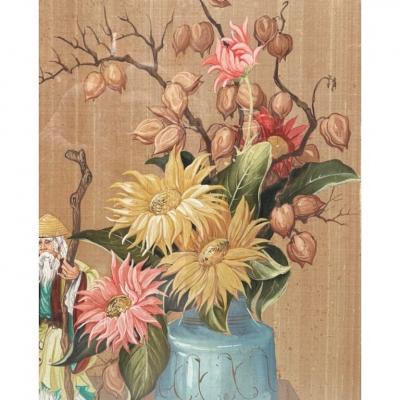 Antique Framed Chinoiserie Still Life Painting on Silk