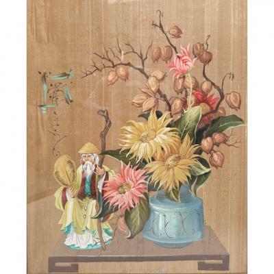 Antique Framed Chinoiserie Still Life Painting on Silk