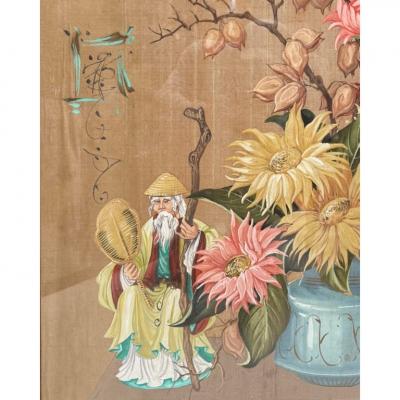 Antique Framed Chinoiserie Still Life Painting on Silk
