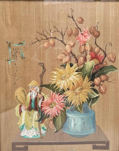 Antique Framed Chinoiserie Still Life Painting on Silk