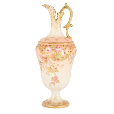 Antique French Art Nouveau Porcelain Ewer with Floral Decoration