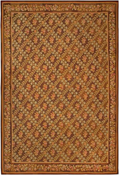 Antique French Aubusson Brown Botanic Handmade Wool Carpet