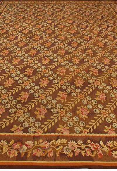 Antique French Aubusson Brown Botanic Handmade Wool Carpet