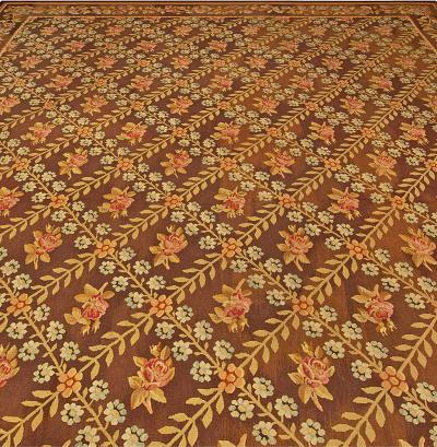 Antique French Aubusson Brown Botanic Handmade Wool Carpet