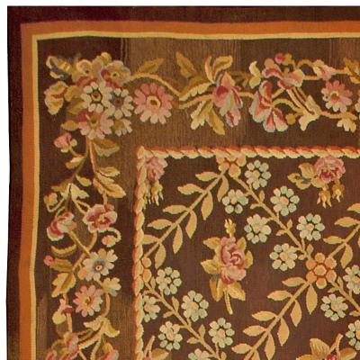 Antique French Aubusson Brown Botanic Handmade Wool Carpet