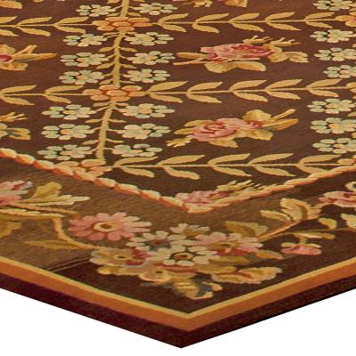 Antique French Aubusson Brown Botanic Handmade Wool Carpet