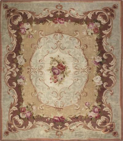Antique French Aubusson Floral Handwoven Wool Rug