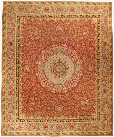 Antique French Aubusson Red Botanic Handmade Wool Rug