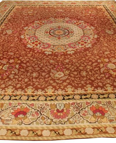 Antique French Aubusson Red Botanic Handmade Wool Rug