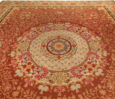 Antique French Aubusson Red Botanic Handmade Wool Rug