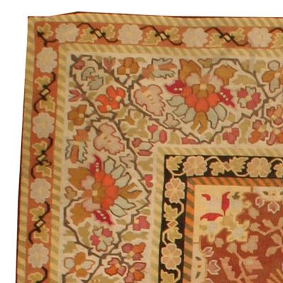Antique French Aubusson Red Botanic Handmade Wool Rug
