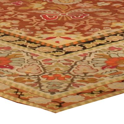Antique French Aubusson Red Botanic Handmade Wool Rug