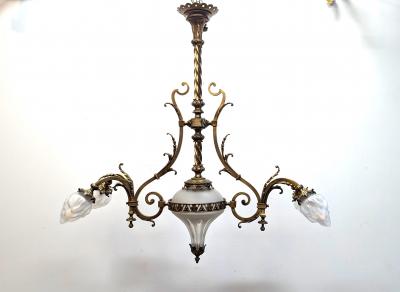 Antique French Brass Glass Art Nouveau Chandelier