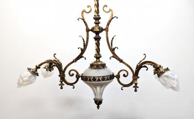 Antique French Brass Glass Art Nouveau Chandelier