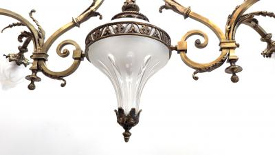 Antique French Brass Glass Art Nouveau Chandelier
