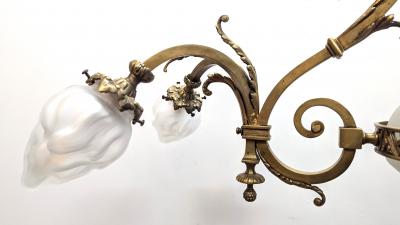Antique French Brass Glass Art Nouveau Chandelier