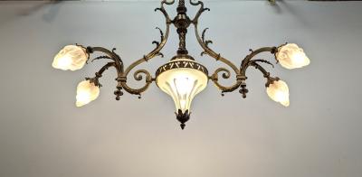 Antique French Brass Glass Art Nouveau Chandelier