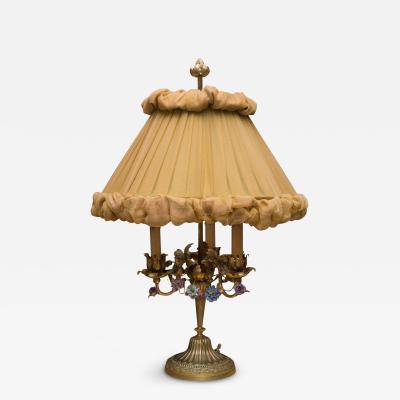 Antique French Bronze Lamp with Porcelain Flowers Custom Silk Shade