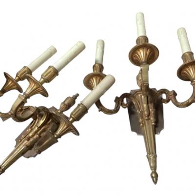 Antique French Bronze Neoclassical Light Wall Sconces a Pair