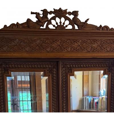 Antique French Carved Oak Breton Mirrored Armoire Linen Press