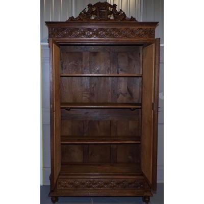 Antique French Carved Oak Breton Mirrored Armoire Linen Press