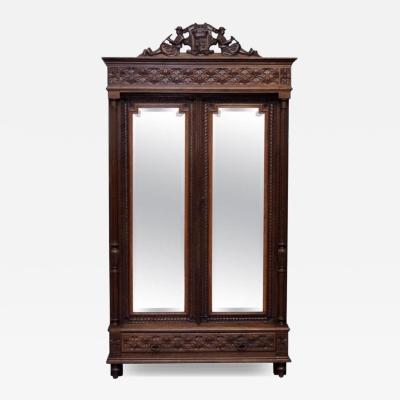 Antique French Carved Oak Breton Mirrored Armoire Linen Press