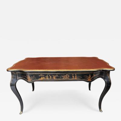 Antique French Chinoiserie Black Gold Bronze Mounted Leather Top Writing Table
