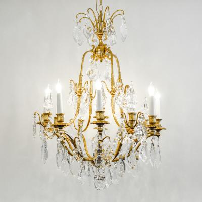 Antique French Cut Crystal Eight Arm Brass Frame Chandelier