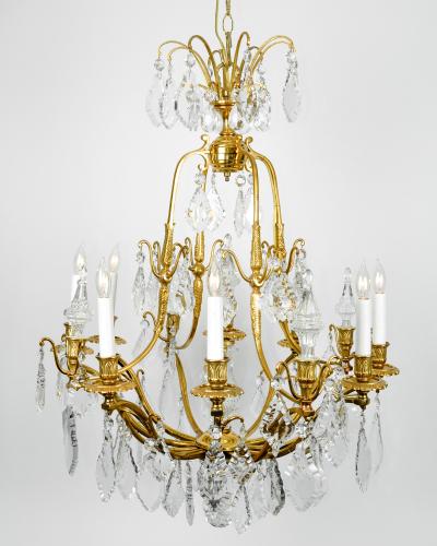 Antique French Cut Crystal Eight Arm Brass Frame Chandelier