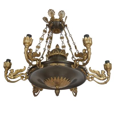 Antique French Empire Style Brown Painted Metal and Gilt Bronze Chandelier