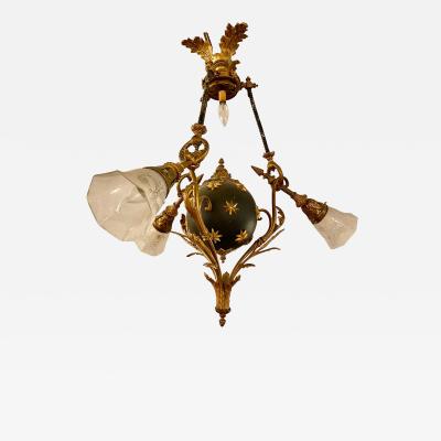 Antique French Empire Style Chandelier Ebonized Sphere with Bronze Surrounds