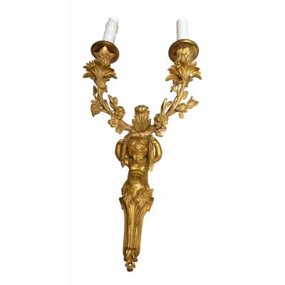 Antique French Gilt Bronze Cherubic Light Sconces a Pair