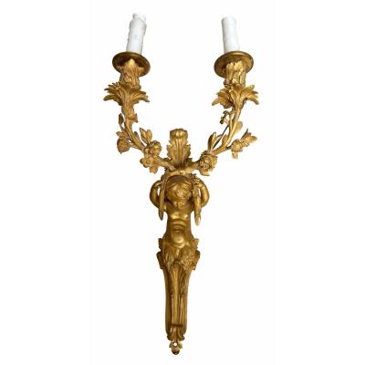Antique French Gilt Bronze Cherubic Light Sconces a Pair