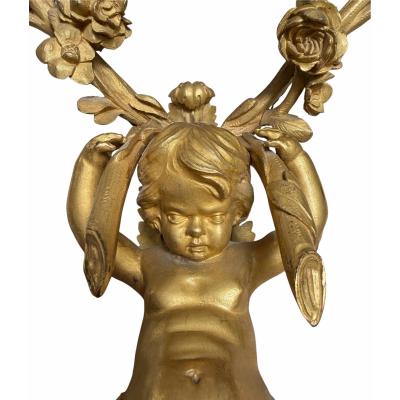 Antique French Gilt Bronze Cherubic Light Sconces a Pair