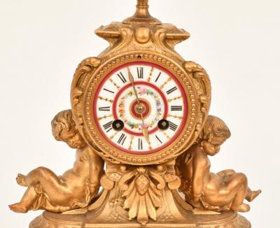 Antique French Gilt Bronze Porcelain Three Piece Figural Clock Garniture