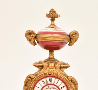 Antique French Gilt Bronze Porcelain Three Piece Figural Clock Garniture