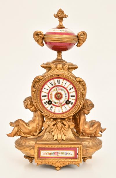 Antique French Gilt Bronze Porcelain Three Piece Figural Clock Garniture