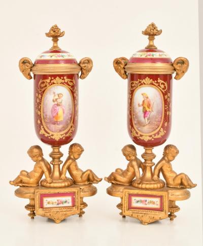 Antique French Gilt Bronze Porcelain Three Piece Figural Clock Garniture