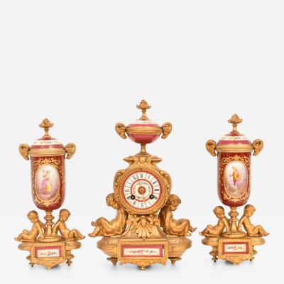 Antique French Gilt Bronze Porcelain Three Piece Figural Clock Garniture