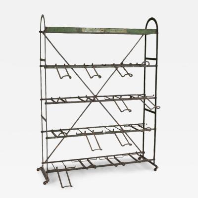 Antique French Green Painted Steel Wine Rack on Casters