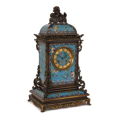 Antique French Japonisme mantel clock with floral champlev enamel