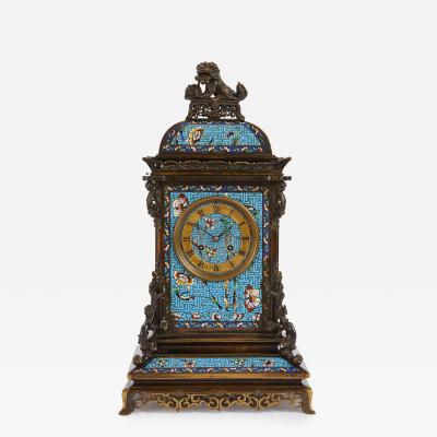 Antique French Japonisme mantel clock with floral champlev enamel