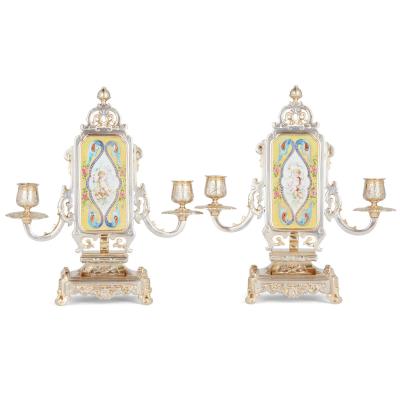 Antique French Japonisme silvered bronze and porcelain three piece clock set